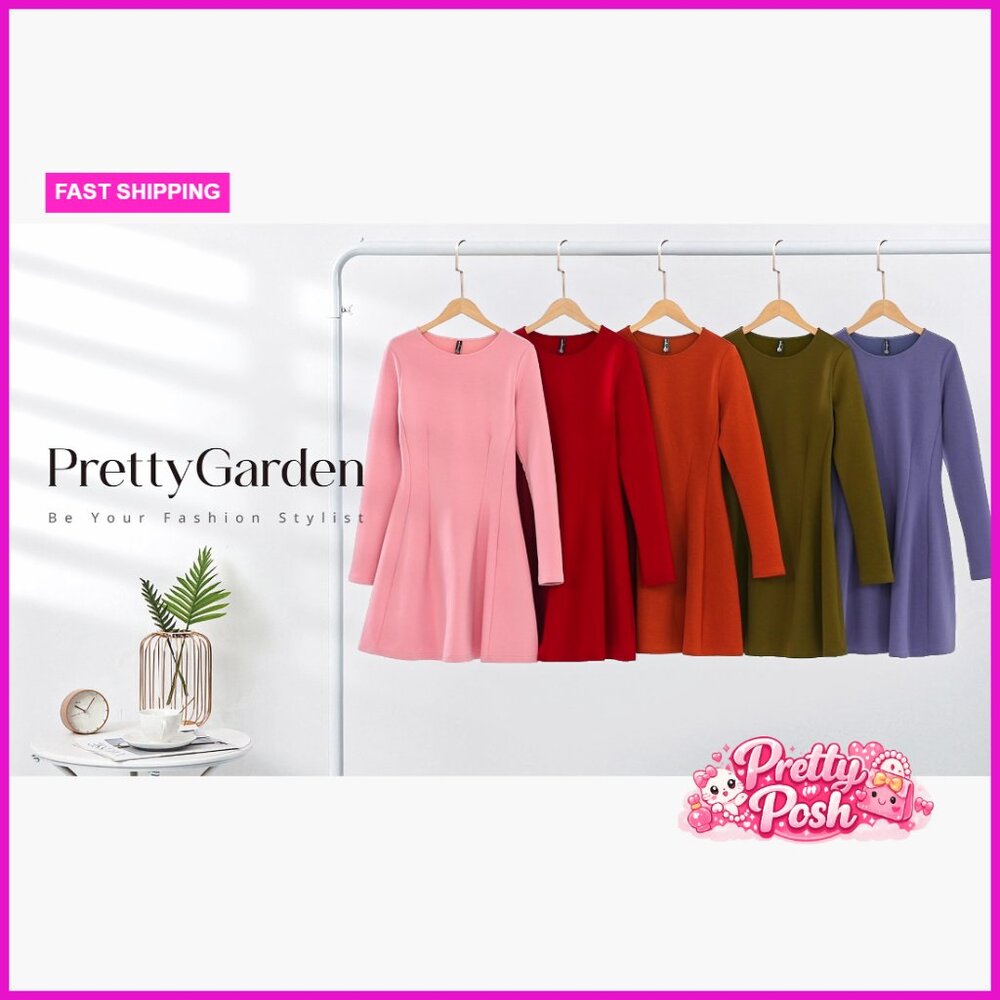 Long Sleeve Mini Knit Pleated Babydoll A Line Dress - Picture 7 of 7